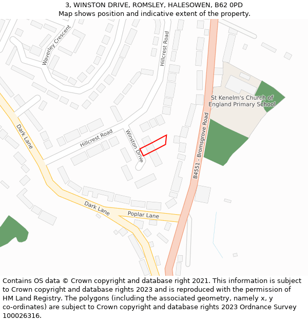 3, WINSTON DRIVE, ROMSLEY, HALESOWEN, B62 0PD: Location map and indicative extent of plot