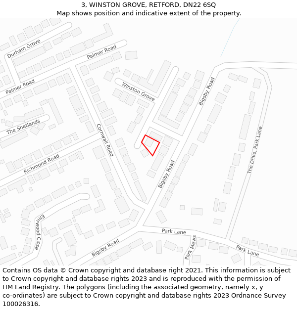 3, WINSTON GROVE, RETFORD, DN22 6SQ: Location map and indicative extent of plot