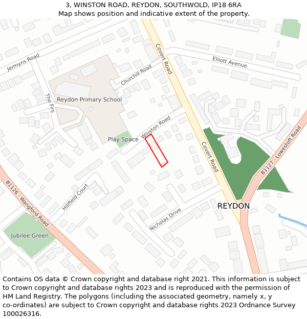 3, WINSTON ROAD, REYDON, SOUTHWOLD, IP18 6RA: Location map and indicative extent of plot