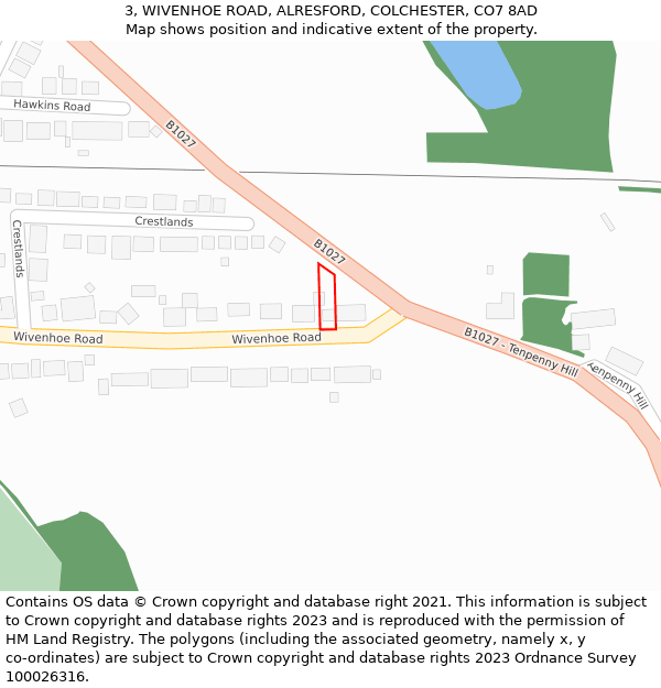 3, WIVENHOE ROAD, ALRESFORD, COLCHESTER, CO7 8AD: Location map and indicative extent of plot