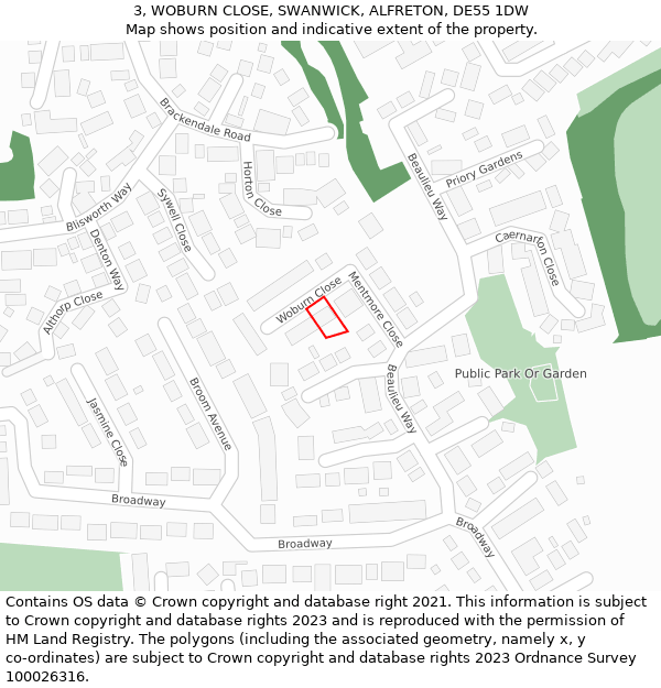 3, WOBURN CLOSE, SWANWICK, ALFRETON, DE55 1DW: Location map and indicative extent of plot