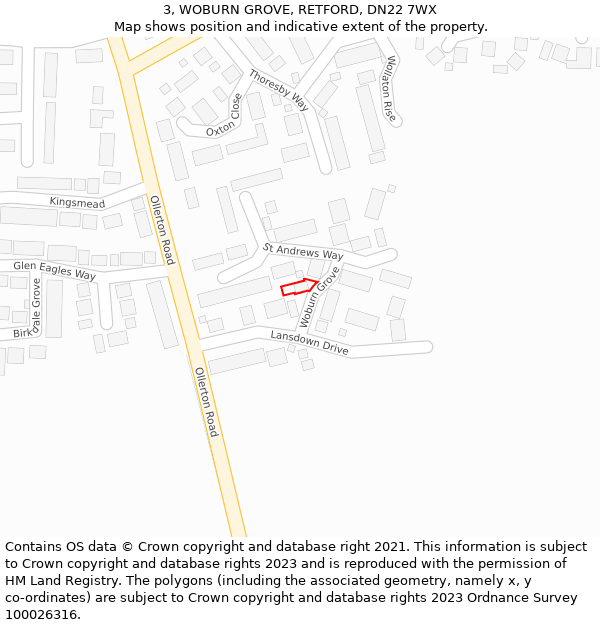 3, WOBURN GROVE, RETFORD, DN22 7WX: Location map and indicative extent of plot