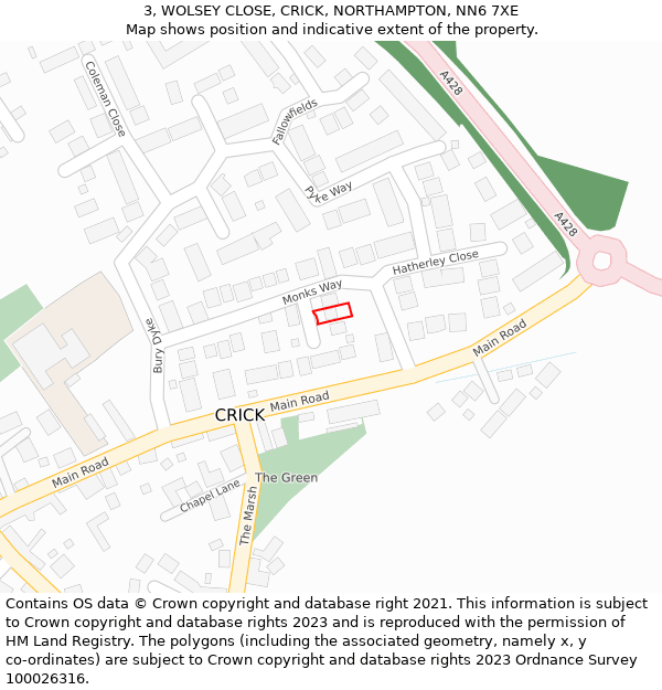 3, WOLSEY CLOSE, CRICK, NORTHAMPTON, NN6 7XE: Location map and indicative extent of plot