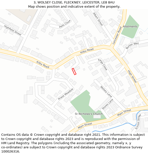3, WOLSEY CLOSE, FLECKNEY, LEICESTER, LE8 8AU: Location map and indicative extent of plot