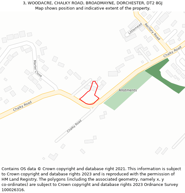 3, WOODACRE, CHALKY ROAD, BROADMAYNE, DORCHESTER, DT2 8GJ: Location map and indicative extent of plot