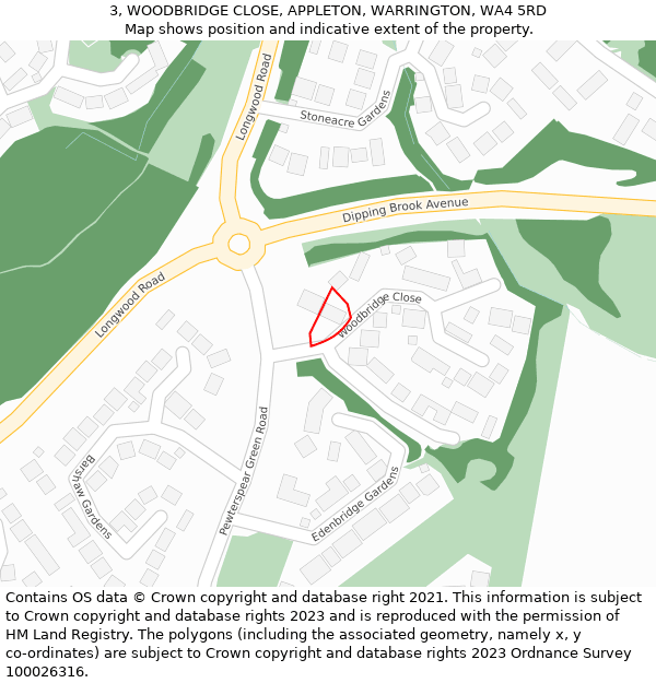 3, WOODBRIDGE CLOSE, APPLETON, WARRINGTON, WA4 5RD: Location map and indicative extent of plot