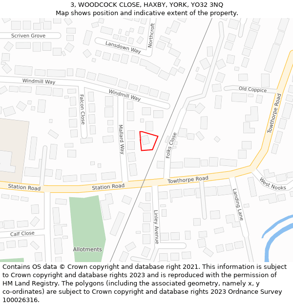 3, WOODCOCK CLOSE, HAXBY, YORK, YO32 3NQ: Location map and indicative extent of plot