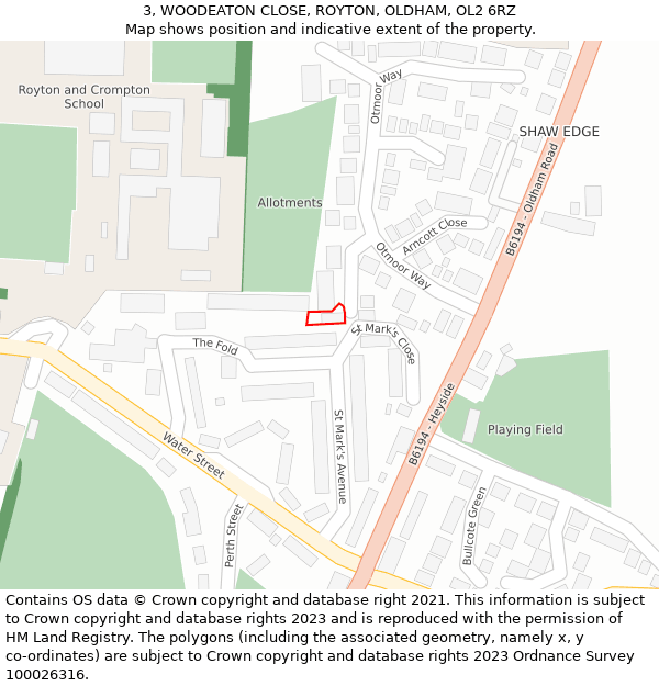 3, WOODEATON CLOSE, ROYTON, OLDHAM, OL2 6RZ: Location map and indicative extent of plot