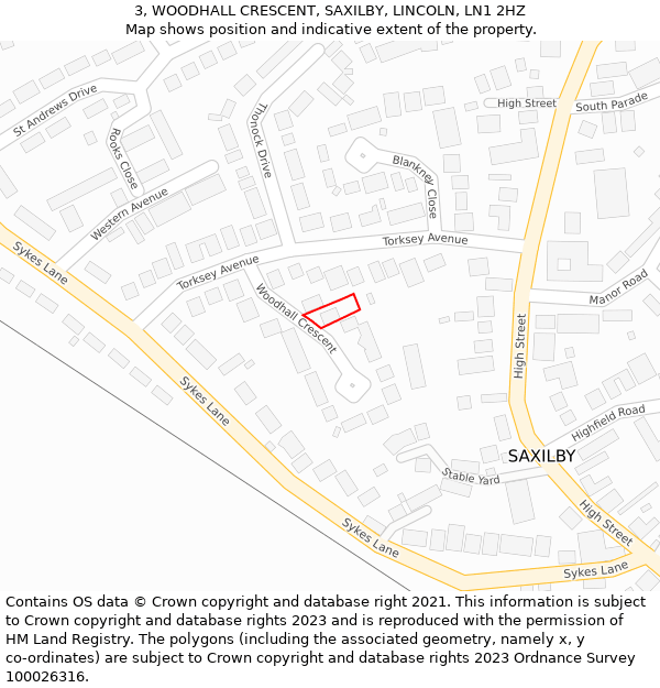 3, WOODHALL CRESCENT, SAXILBY, LINCOLN, LN1 2HZ: Location map and indicative extent of plot