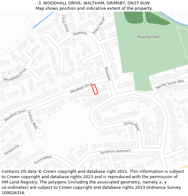 3, WOODHALL DRIVE, WALTHAM, GRIMSBY, DN37 0UW: Location map and indicative extent of plot