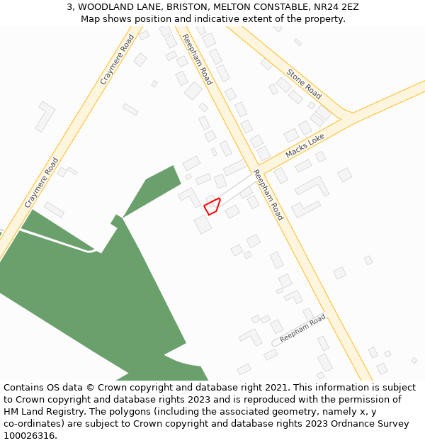 3, WOODLAND LANE, BRISTON, MELTON CONSTABLE, NR24 2EZ: Location map and indicative extent of plot