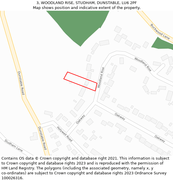 3, WOODLAND RISE, STUDHAM, DUNSTABLE, LU6 2PF: Location map and indicative extent of plot