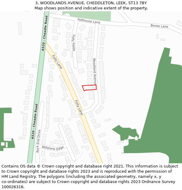 3, WOODLANDS AVENUE, CHEDDLETON, LEEK, ST13 7BY: Location map and indicative extent of plot