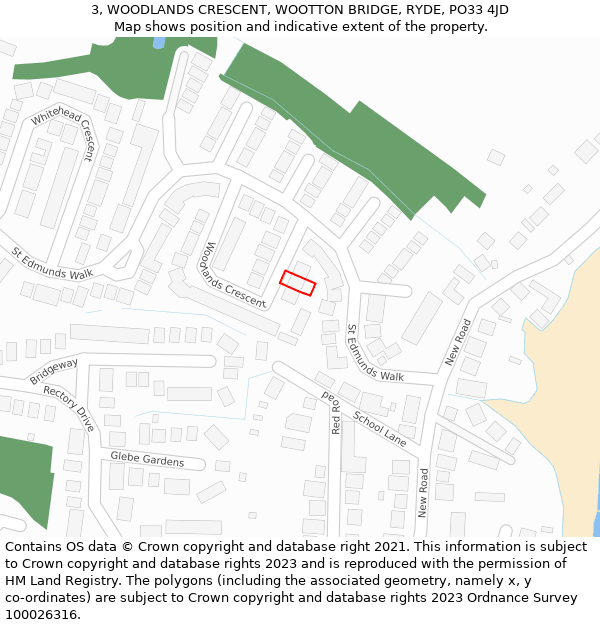 3, WOODLANDS CRESCENT, WOOTTON BRIDGE, RYDE, PO33 4JD: Location map and indicative extent of plot