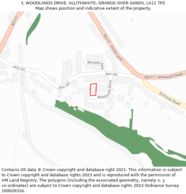 3, WOODLANDS DRIVE, ALLITHWAITE, GRANGE-OVER-SANDS, LA11 7PZ: Location map and indicative extent of plot