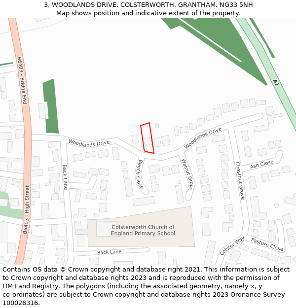 3, WOODLANDS DRIVE, COLSTERWORTH, GRANTHAM, NG33 5NH: Location map and indicative extent of plot