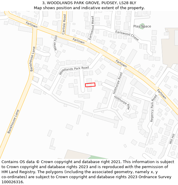 3, WOODLANDS PARK GROVE, PUDSEY, LS28 8LY: Location map and indicative extent of plot