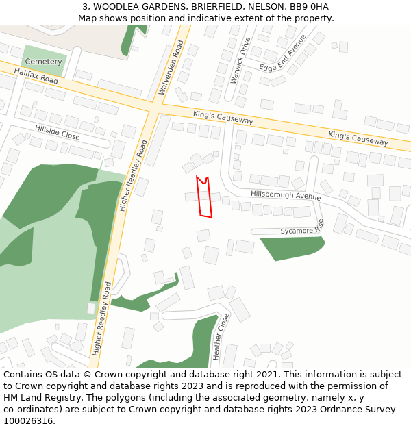 3, WOODLEA GARDENS, BRIERFIELD, NELSON, BB9 0HA: Location map and indicative extent of plot