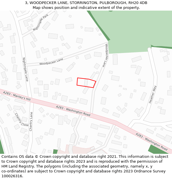 3, WOODPECKER LANE, STORRINGTON, PULBOROUGH, RH20 4DB: Location map and indicative extent of plot