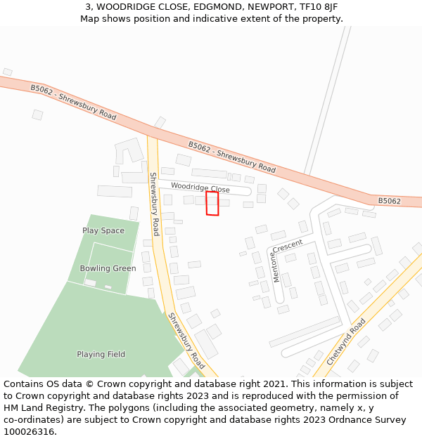 3, WOODRIDGE CLOSE, EDGMOND, NEWPORT, TF10 8JF: Location map and indicative extent of plot