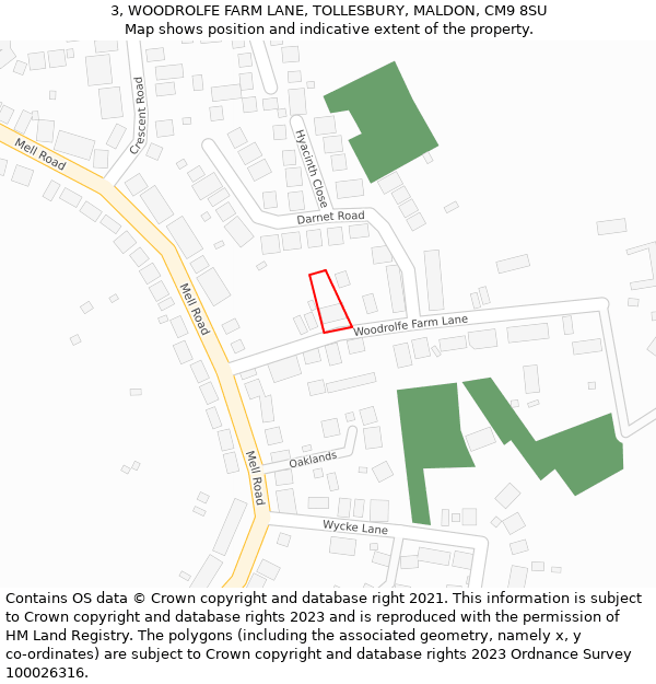 3, WOODROLFE FARM LANE, TOLLESBURY, MALDON, CM9 8SU: Location map and indicative extent of plot