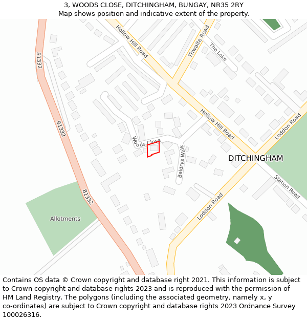 3, WOODS CLOSE, DITCHINGHAM, BUNGAY, NR35 2RY: Location map and indicative extent of plot