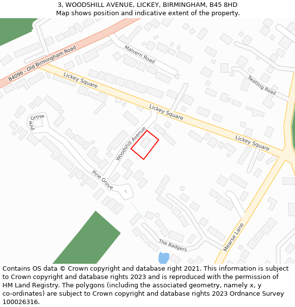 3, WOODSHILL AVENUE, LICKEY, BIRMINGHAM, B45 8HD: Location map and indicative extent of plot