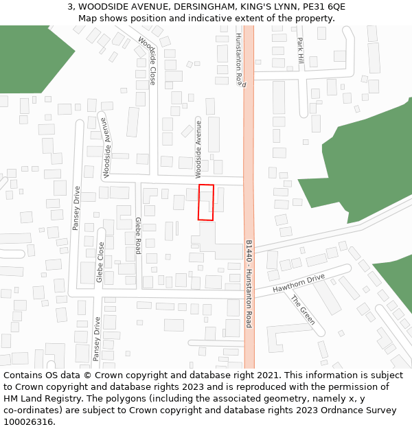 3, WOODSIDE AVENUE, DERSINGHAM, KING'S LYNN, PE31 6QE: Location map and indicative extent of plot