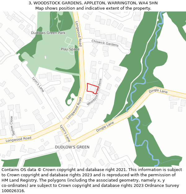 3, WOODSTOCK GARDENS, APPLETON, WARRINGTON, WA4 5HN: Location map and indicative extent of plot
