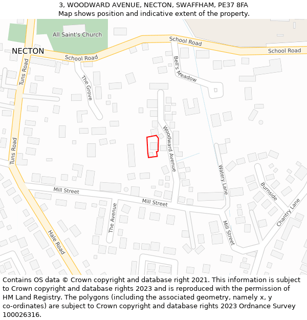 3, WOODWARD AVENUE, NECTON, SWAFFHAM, PE37 8FA: Location map and indicative extent of plot