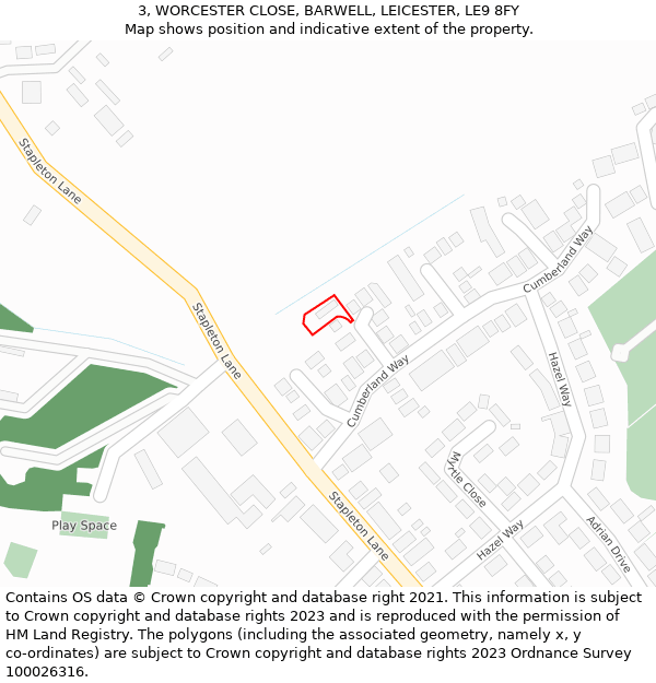 3, WORCESTER CLOSE, BARWELL, LEICESTER, LE9 8FY: Location map and indicative extent of plot