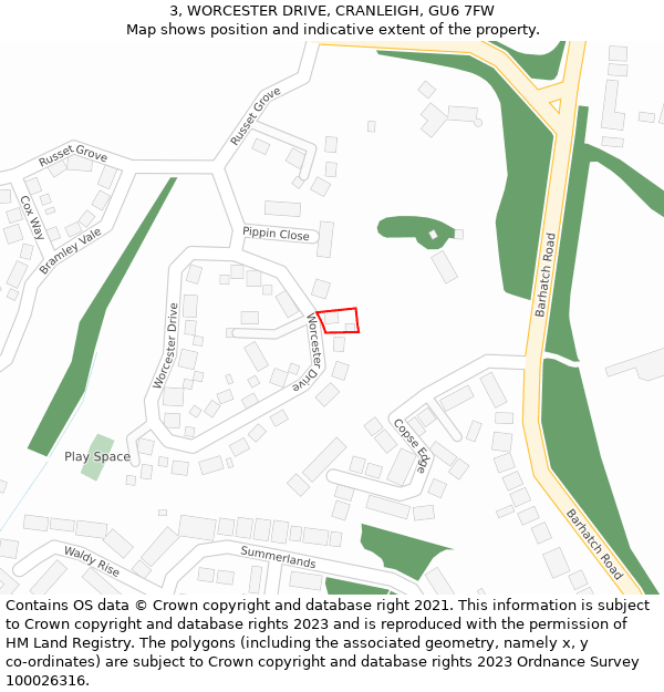 3, WORCESTER DRIVE, CRANLEIGH, GU6 7FW: Location map and indicative extent of plot
