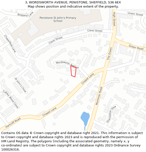 3, WORDSWORTH AVENUE, PENISTONE, SHEFFIELD, S36 6EX: Location map and indicative extent of plot