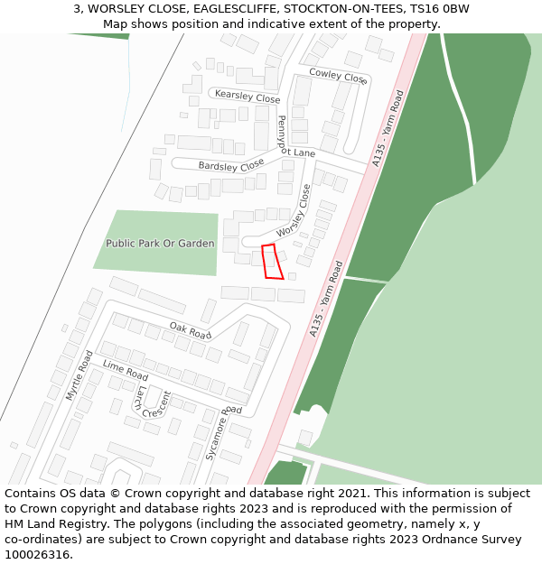 3, WORSLEY CLOSE, EAGLESCLIFFE, STOCKTON-ON-TEES, TS16 0BW: Location map and indicative extent of plot