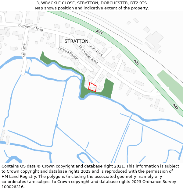 3, WRACKLE CLOSE, STRATTON, DORCHESTER, DT2 9TS: Location map and indicative extent of plot