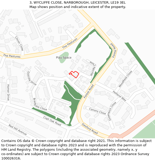 3, WYCLIFFE CLOSE, NARBOROUGH, LEICESTER, LE19 3EL: Location map and indicative extent of plot