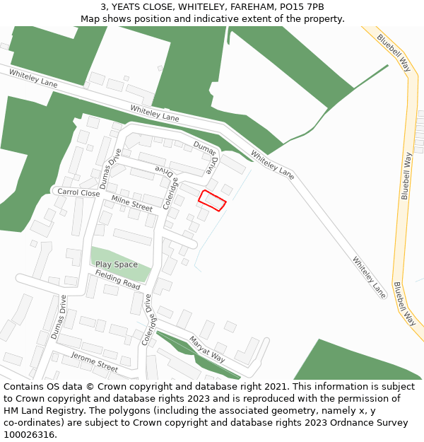 3, YEATS CLOSE, WHITELEY, FAREHAM, PO15 7PB: Location map and indicative extent of plot