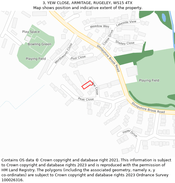 3, YEW CLOSE, ARMITAGE, RUGELEY, WS15 4TX: Location map and indicative extent of plot