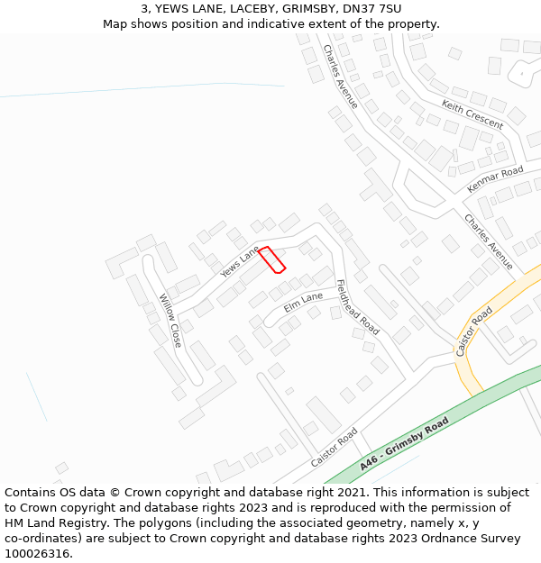 3, YEWS LANE, LACEBY, GRIMSBY, DN37 7SU: Location map and indicative extent of plot