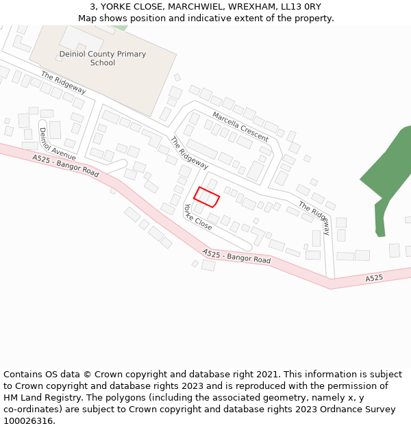 3, YORKE CLOSE, MARCHWIEL, WREXHAM, LL13 0RY: Location map and indicative extent of plot