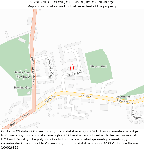 3, YOUNGHALL CLOSE, GREENSIDE, RYTON, NE40 4QG: Location map and indicative extent of plot