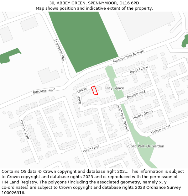 30, ABBEY GREEN, SPENNYMOOR, DL16 6PD: Location map and indicative extent of plot