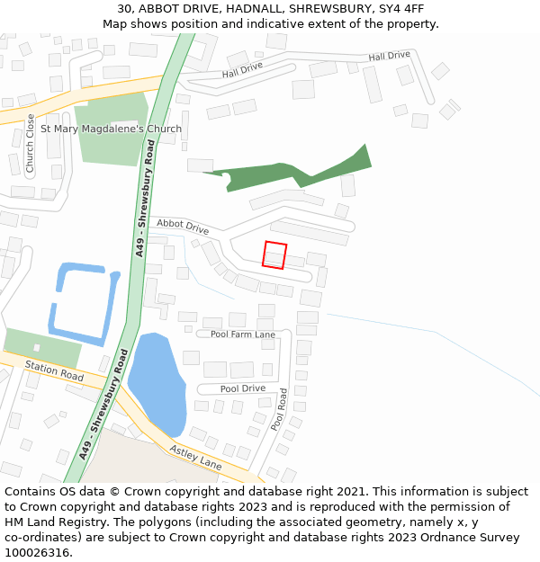 30, ABBOT DRIVE, HADNALL, SHREWSBURY, SY4 4FF: Location map and indicative extent of plot