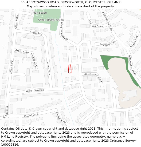 30, ABBOTSWOOD ROAD, BROCKWORTH, GLOUCESTER, GL3 4NZ: Location map and indicative extent of plot