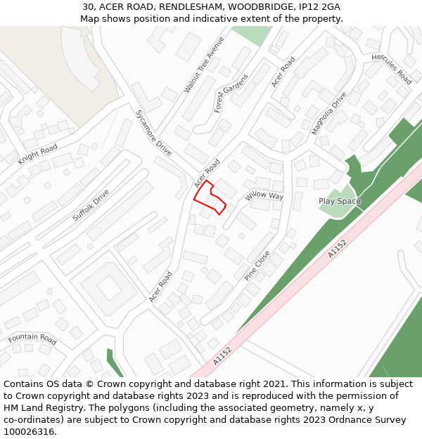 30, ACER ROAD, RENDLESHAM, WOODBRIDGE, IP12 2GA: Location map and indicative extent of plot