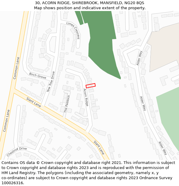 30, ACORN RIDGE, SHIREBROOK, MANSFIELD, NG20 8QS: Location map and indicative extent of plot