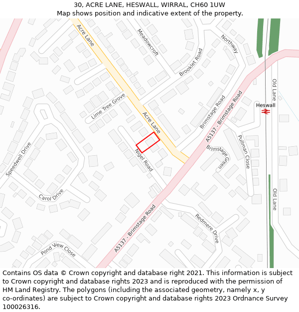 30, ACRE LANE, HESWALL, WIRRAL, CH60 1UW: Location map and indicative extent of plot