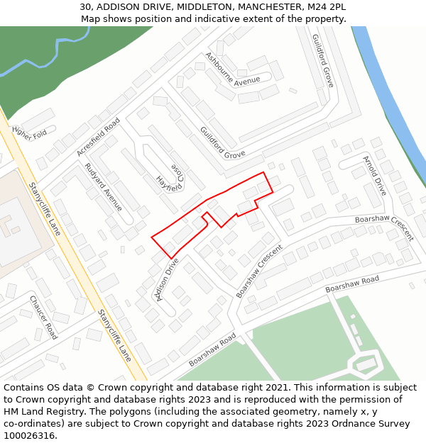 30, ADDISON DRIVE, MIDDLETON, MANCHESTER, M24 2PL: Location map and indicative extent of plot