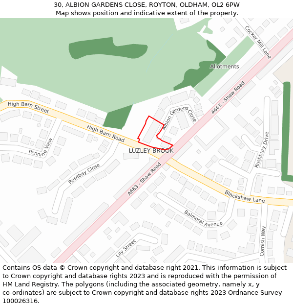 30, ALBION GARDENS CLOSE, ROYTON, OLDHAM, OL2 6PW: Location map and indicative extent of plot