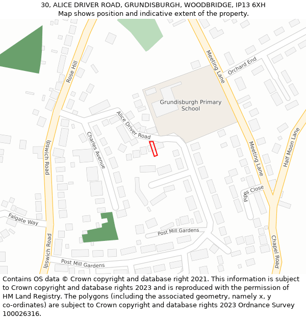 30, ALICE DRIVER ROAD, GRUNDISBURGH, WOODBRIDGE, IP13 6XH: Location map and indicative extent of plot